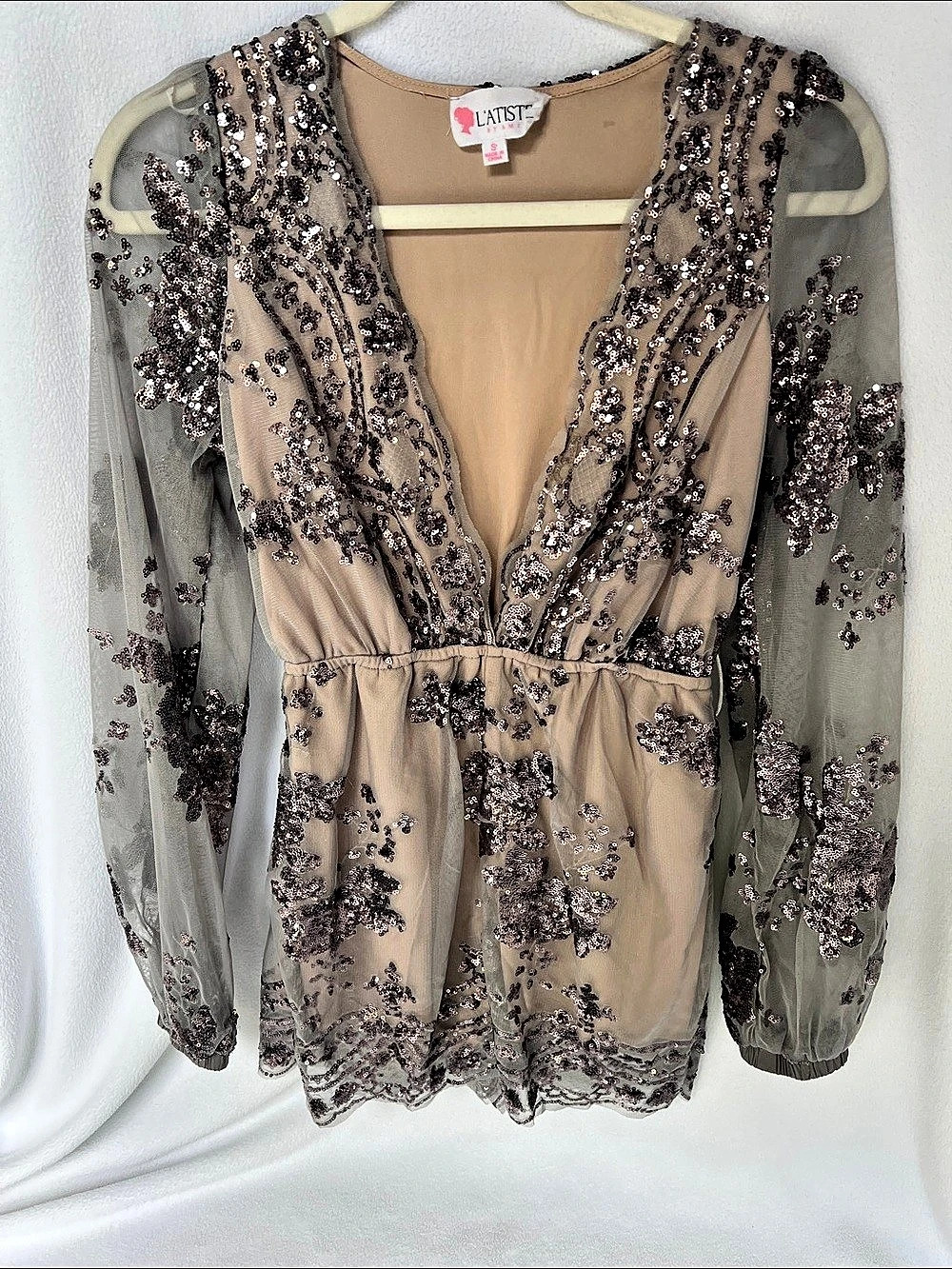 L'ATISTE Sequin Mini Romper Tan & Gray/Purple Small Like New